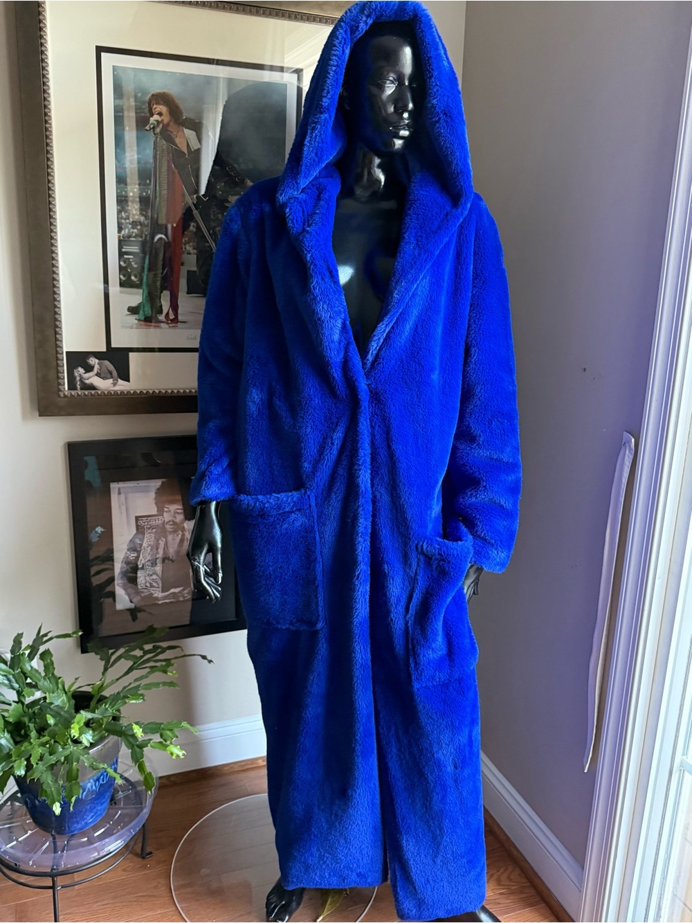 Vintage Electric Blue Hooded Faux Fur Maxi Coat